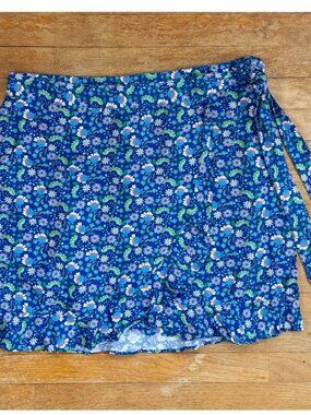 LOFT Skirt Floral Linen Blend Wrap & Zip Blue Green Brown Ruffle Size 14 Linen